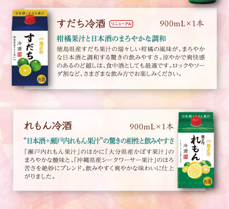 【セット内容】●すだち冷酒 900mL×1本<br>●れもん冷酒 900mL×1本