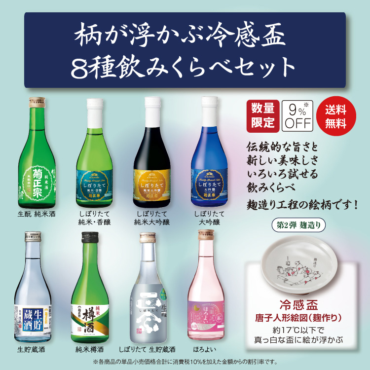 「菊正宗　柄が浮かぶ冷感盃 8種飲みくらべセット（第2弾・麹造り）」