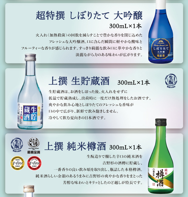 ●超特撰 しぼりたて大吟醸 300mL×1本、●上撰 生貯蔵酒 300mL×1本、●上撰 純米樽酒 300mL×1本