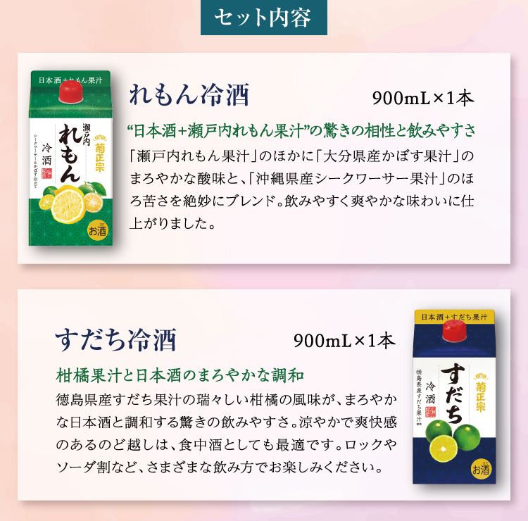 【セット内容】●れもん冷酒 900mL×1本 ●すだち冷酒 900mL×1本