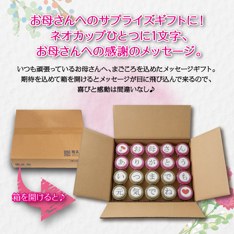 お母さんへのサプライズギフトに！ネオカップひとつに1文字、お母さんへの感謝のメッセージ。